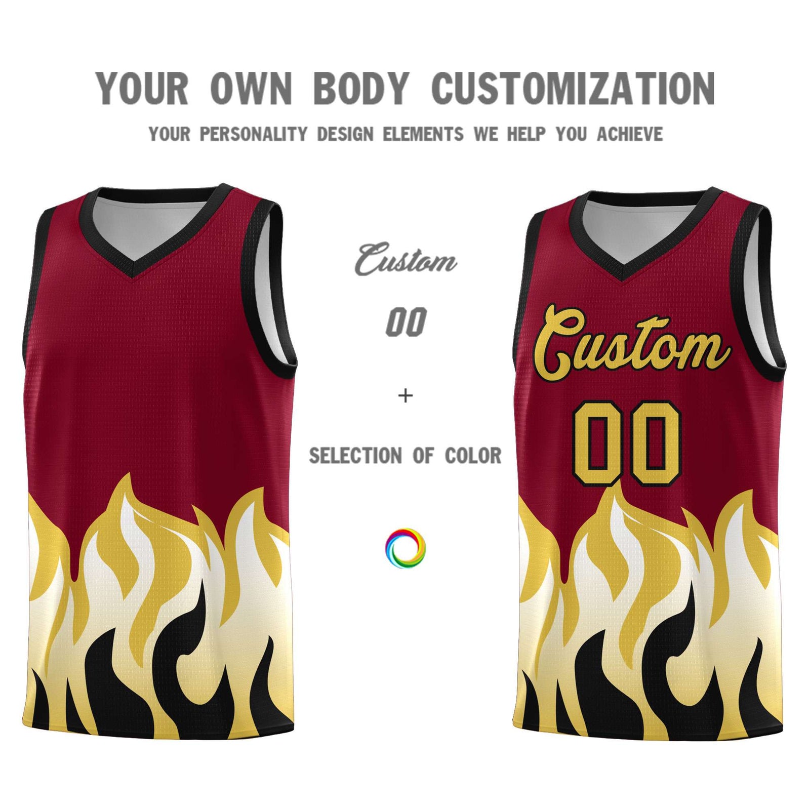 Custom Crimson Old Gold Hem Flame Pattern Fashion Sports Uniform Basketball jersey