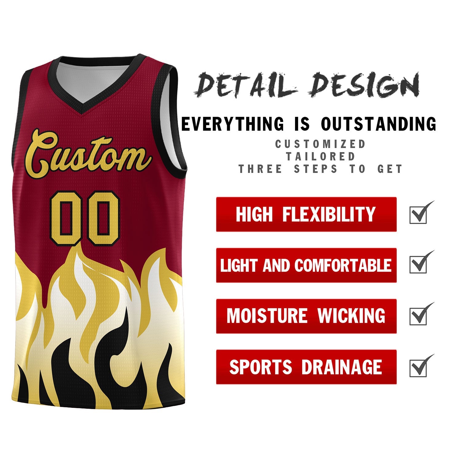 Custom Crimson Old Gold Hem Flame Pattern Fashion Sports Uniform Basketball jersey