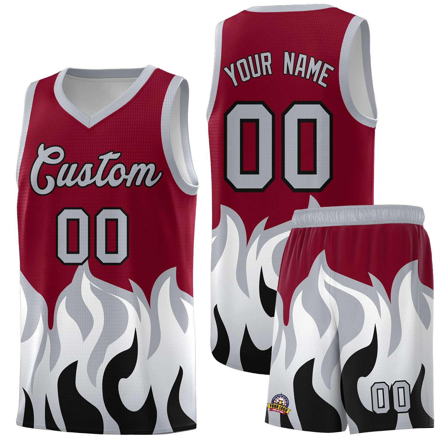 Custom Crimson Gray Hem Flame Pattern Fashion Sports Uniform Basketball jersey
