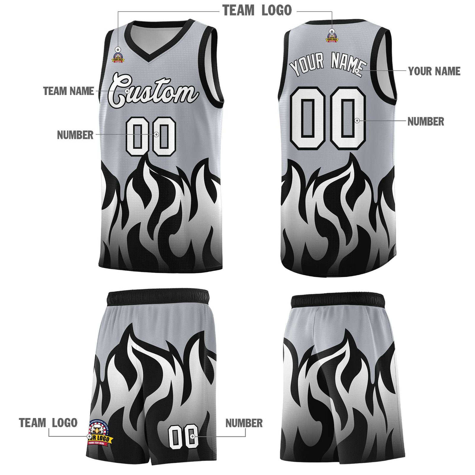 Custom Gray Black Hem Flame Pattern Fashion Sports Uniform Basketball jersey