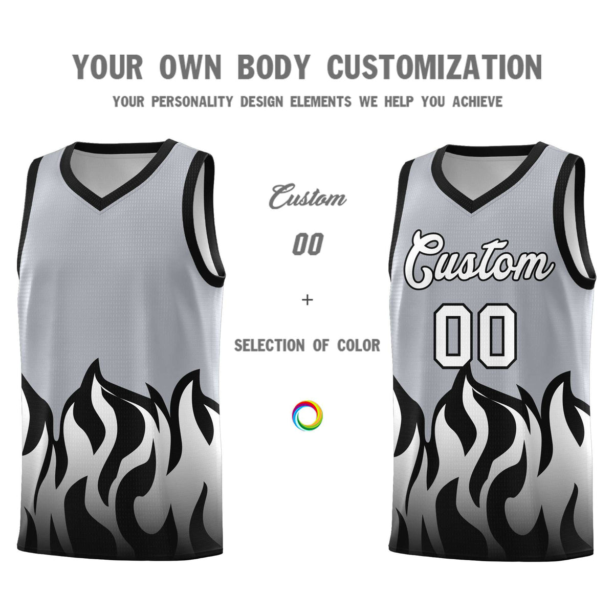 Custom Gray Black Hem Flame Pattern Fashion Sports Uniform Basketball jersey