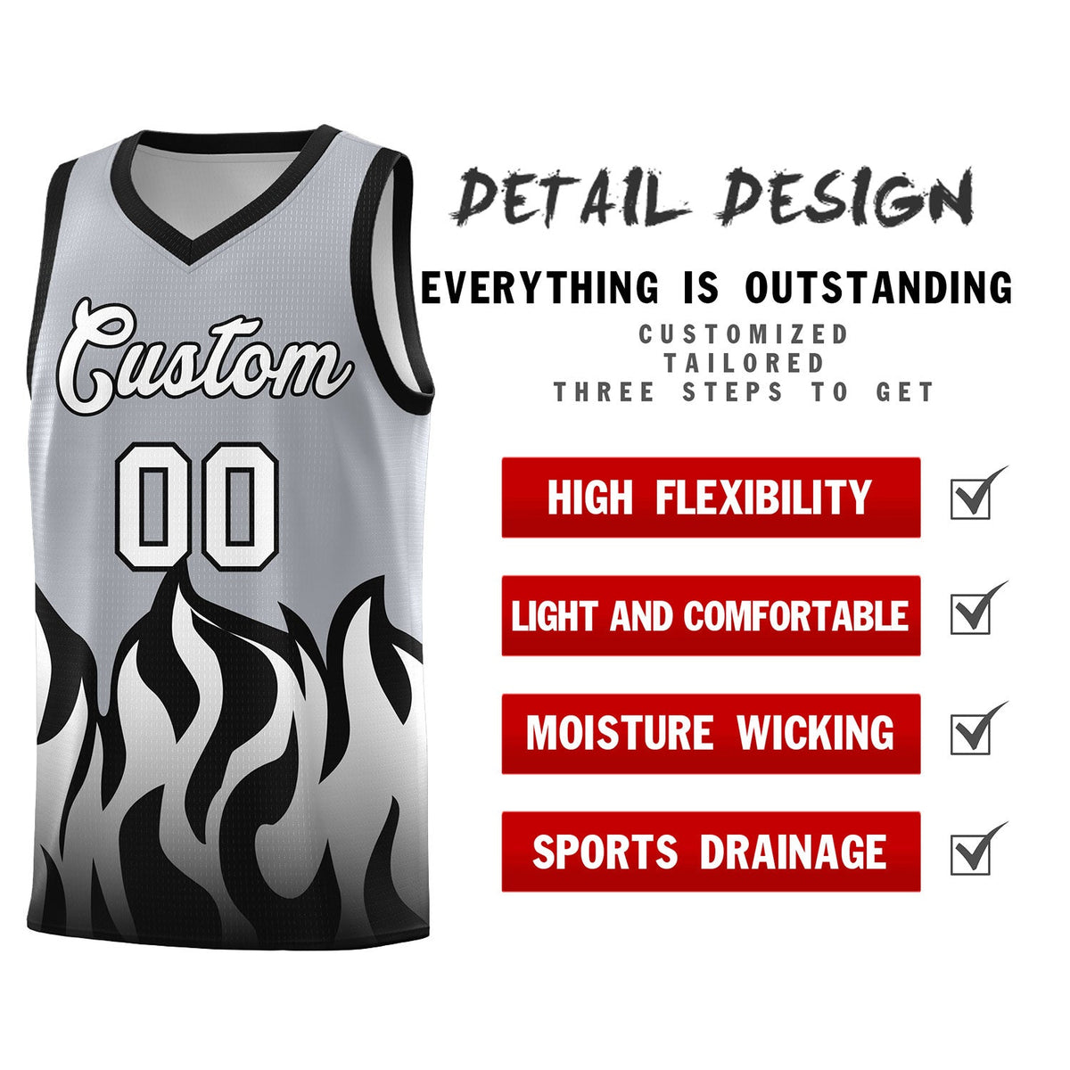 Custom Gray Black Hem Flame Pattern Fashion Sports Uniform Basketball jersey