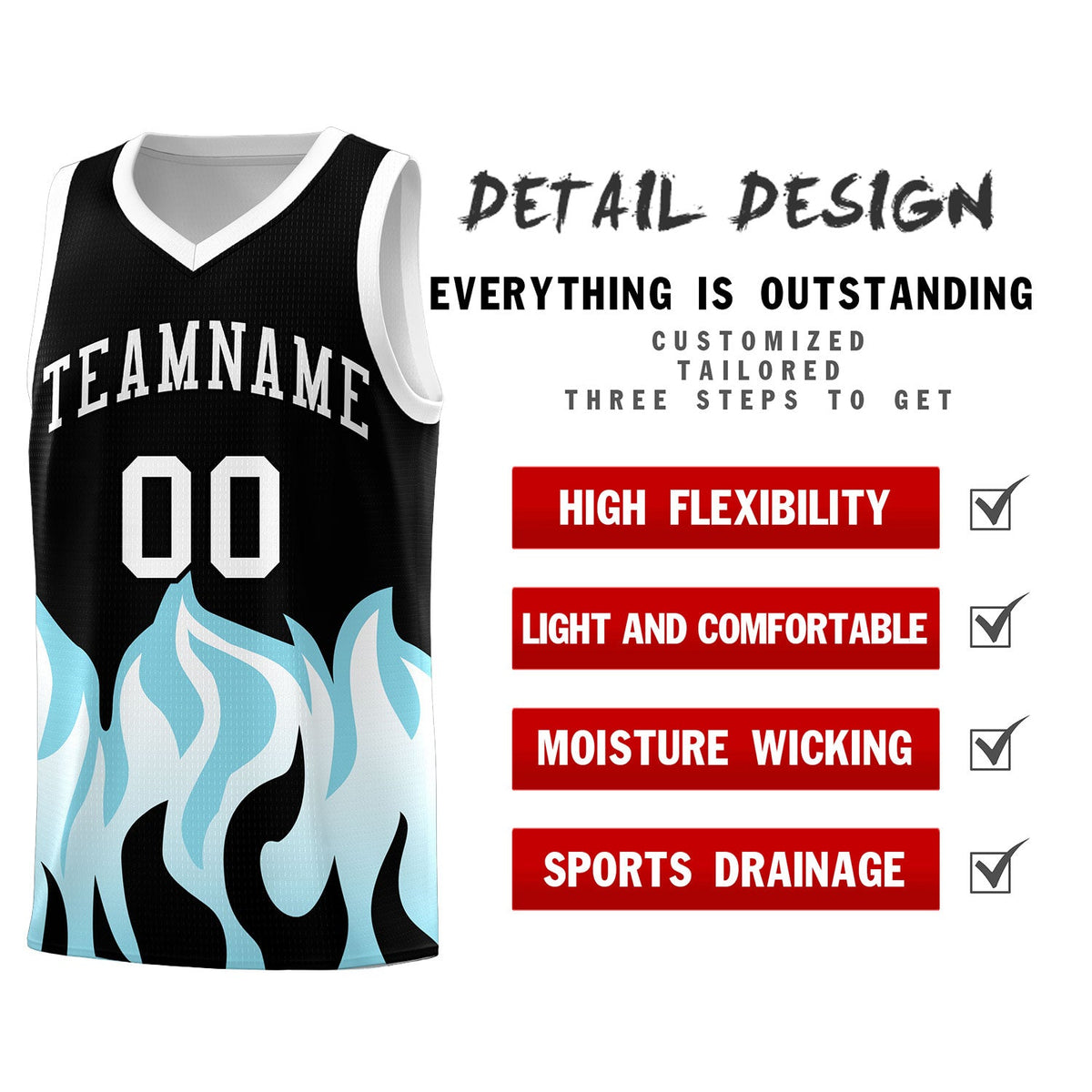 Custom Black Sky Blue Hem Flame Pattern Fashion Sports Uniform Basketball jersey