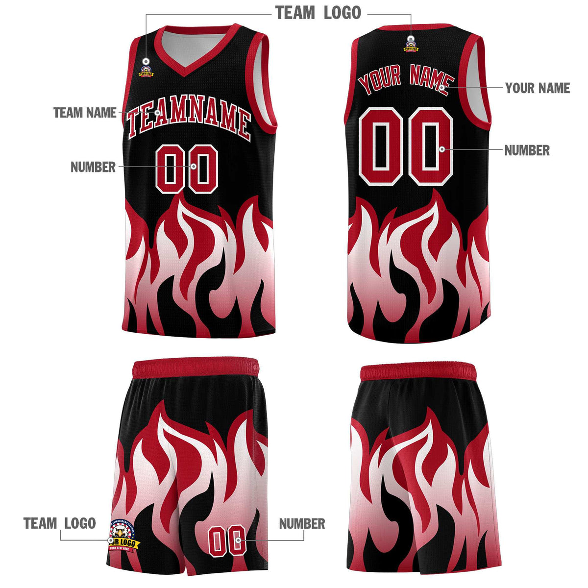 Custom Black Red Hem Flame Pattern Fashion Sports Uniform Basketball jersey