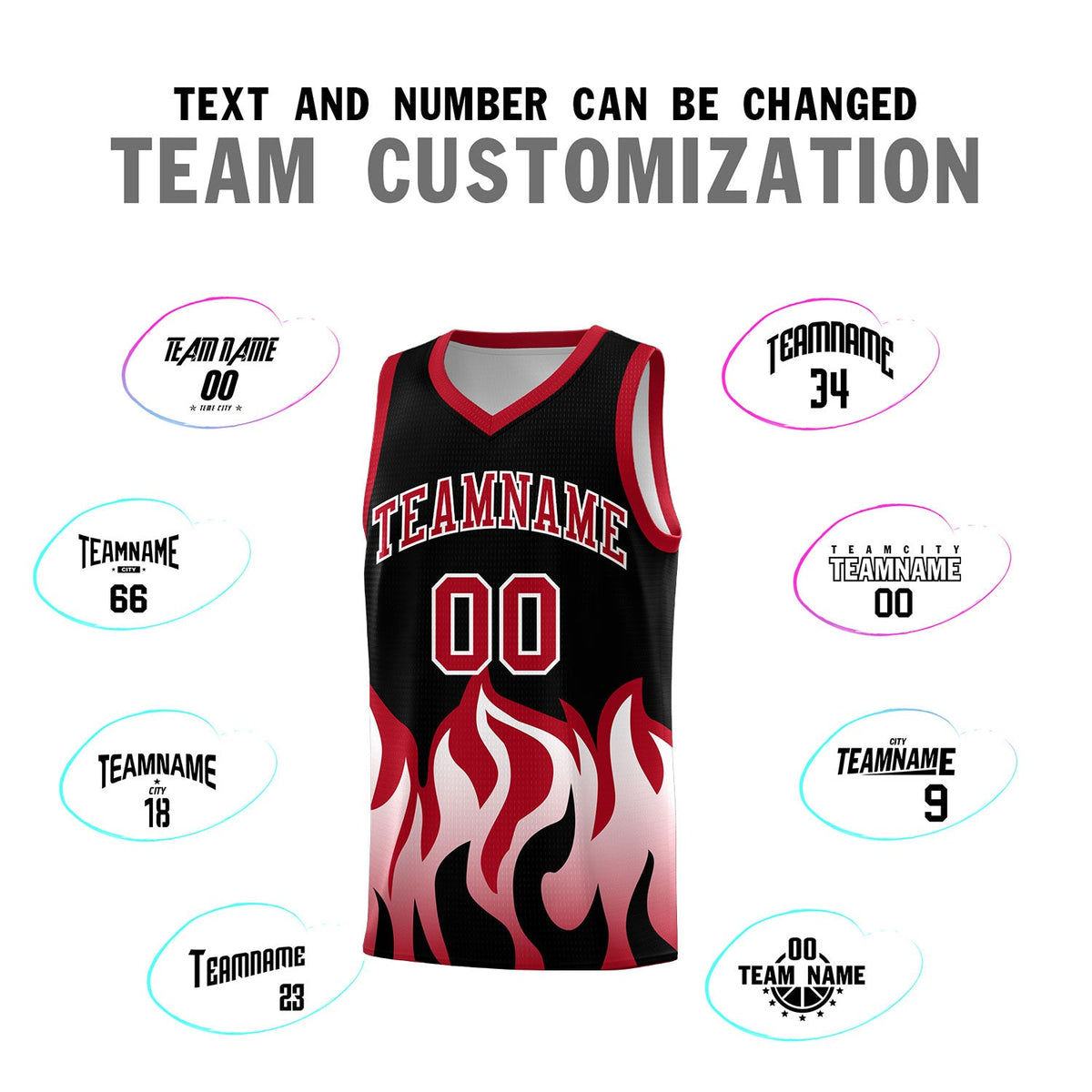 Custom Black Red Hem Flame Pattern Fashion Sports Uniform Basketball jersey