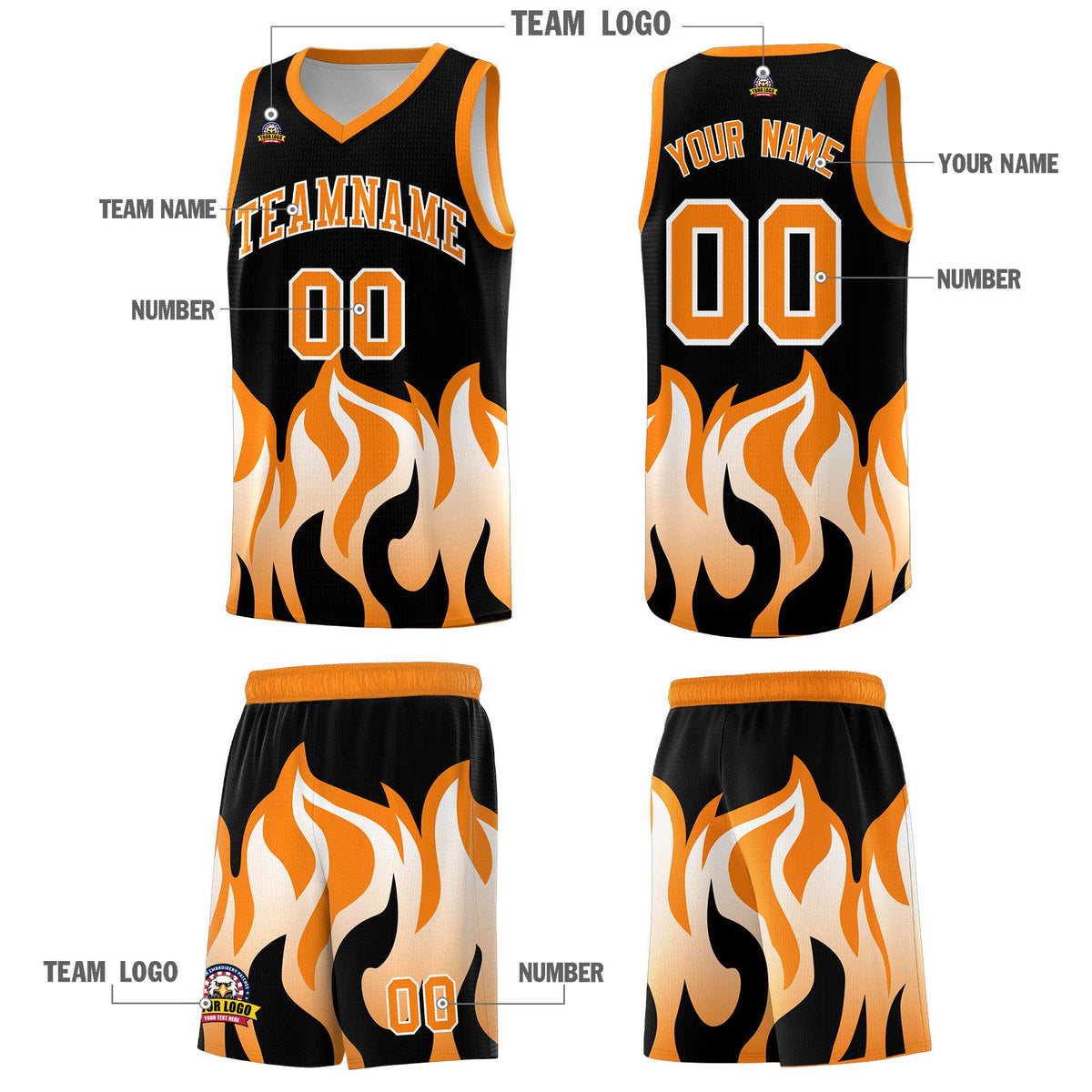 Custom Black Orange Hem Flame Pattern Fashion Sports Uniform Basketball jersey