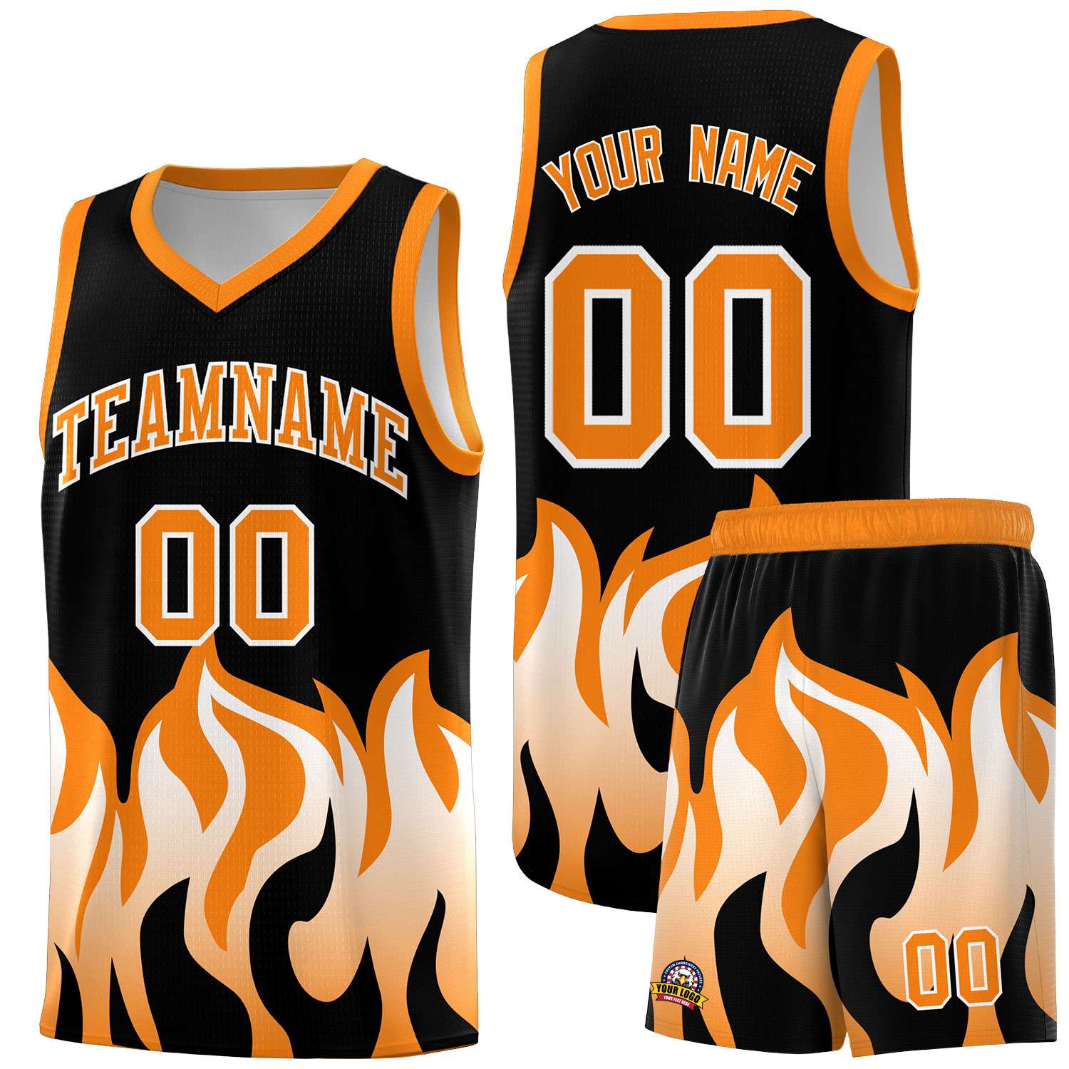 Custom Black Orange Hem Flame Pattern Fashion Sports Uniform Basketball jersey