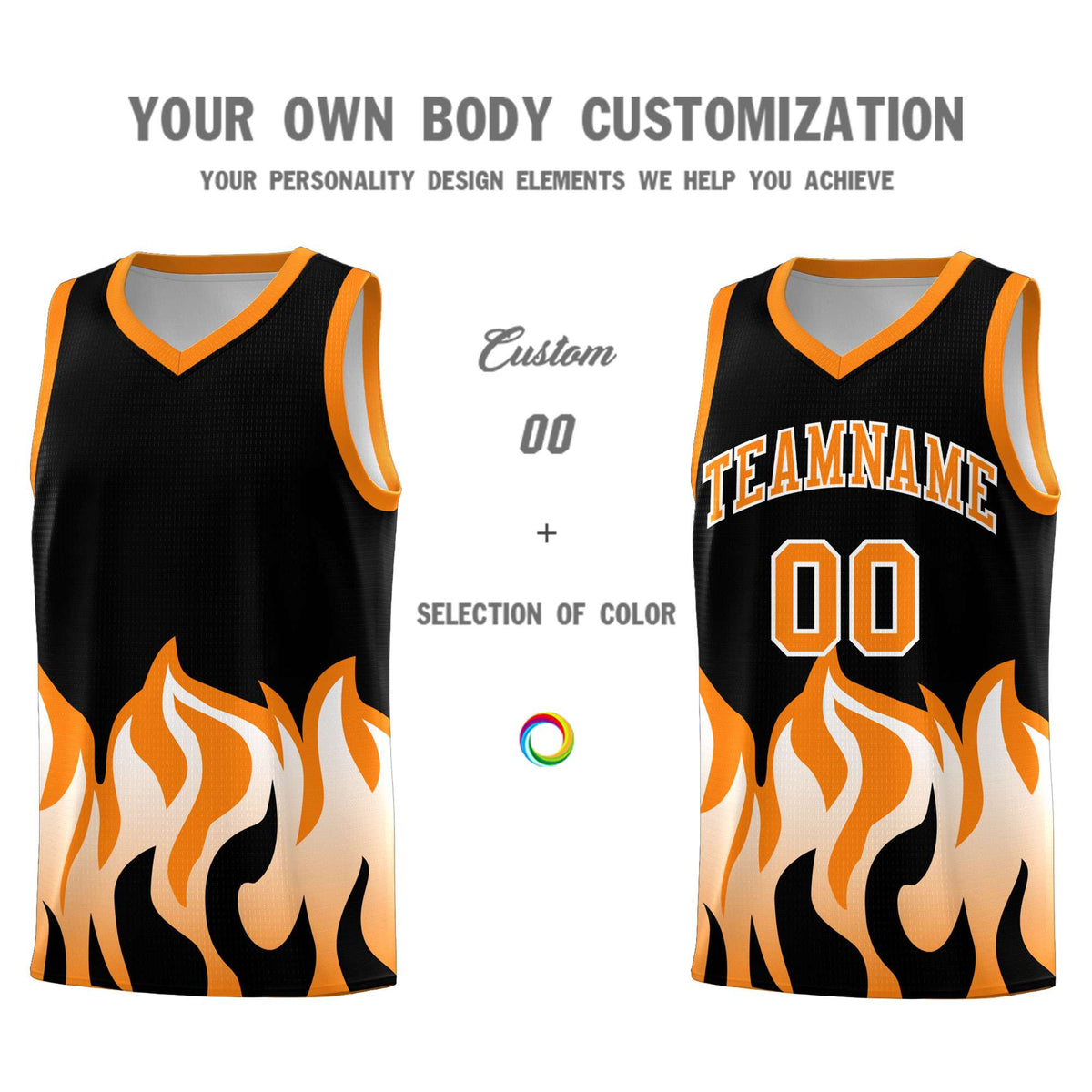 Custom Black Orange Hem Flame Pattern Fashion Sports Uniform Basketball jersey