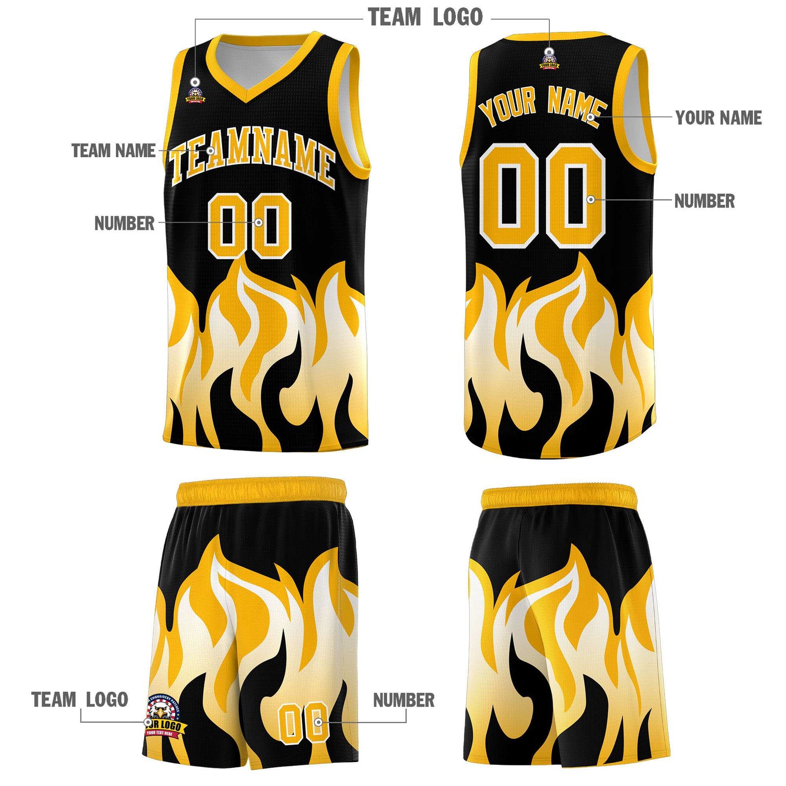 Custom Black Yellow Hem Flame Pattern Fashion Sports Uniform Basketball jersey