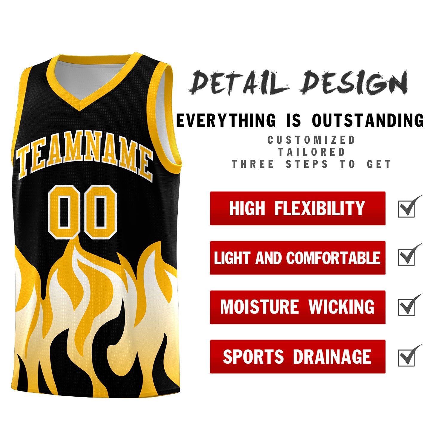 Custom Black Yellow Hem Flame Pattern Fashion Sports Uniform Basketball jersey