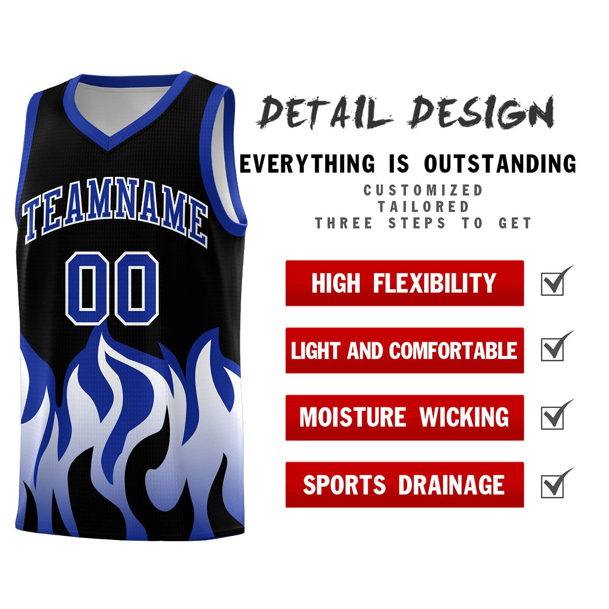 Custom Black Royal Hem Flame Pattern Fashion Sports Uniform Basketball jersey