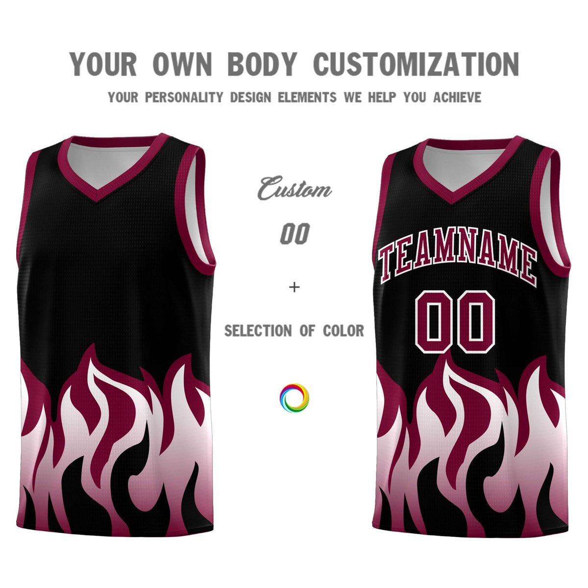 Custom Black Crimson Hem Flame Pattern Fashion Sports Uniform Basketball jersey