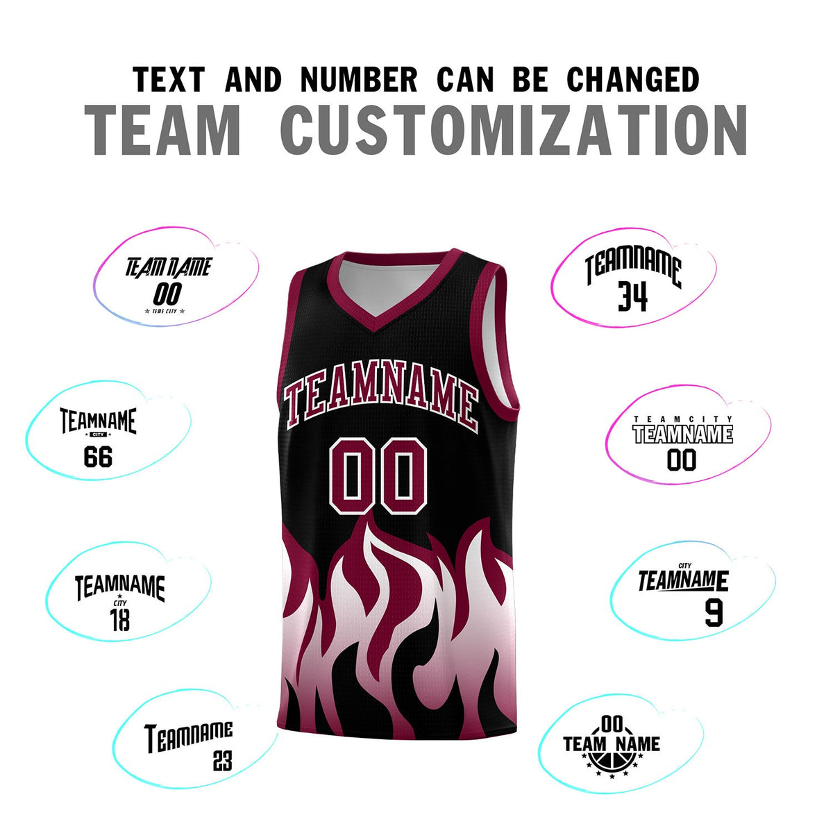 Custom Black Crimson Hem Flame Pattern Fashion Sports Uniform Basketball jersey