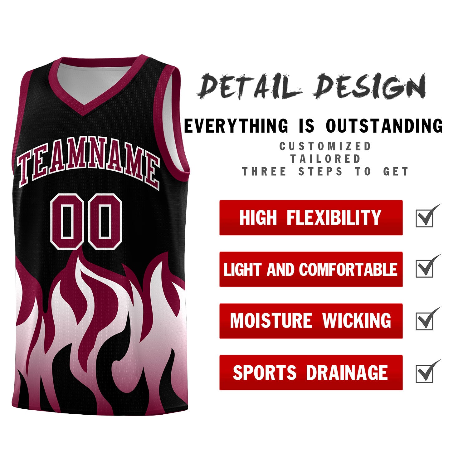 Custom Black Crimson Hem Flame Pattern Fashion Sports Uniform Basketball jersey