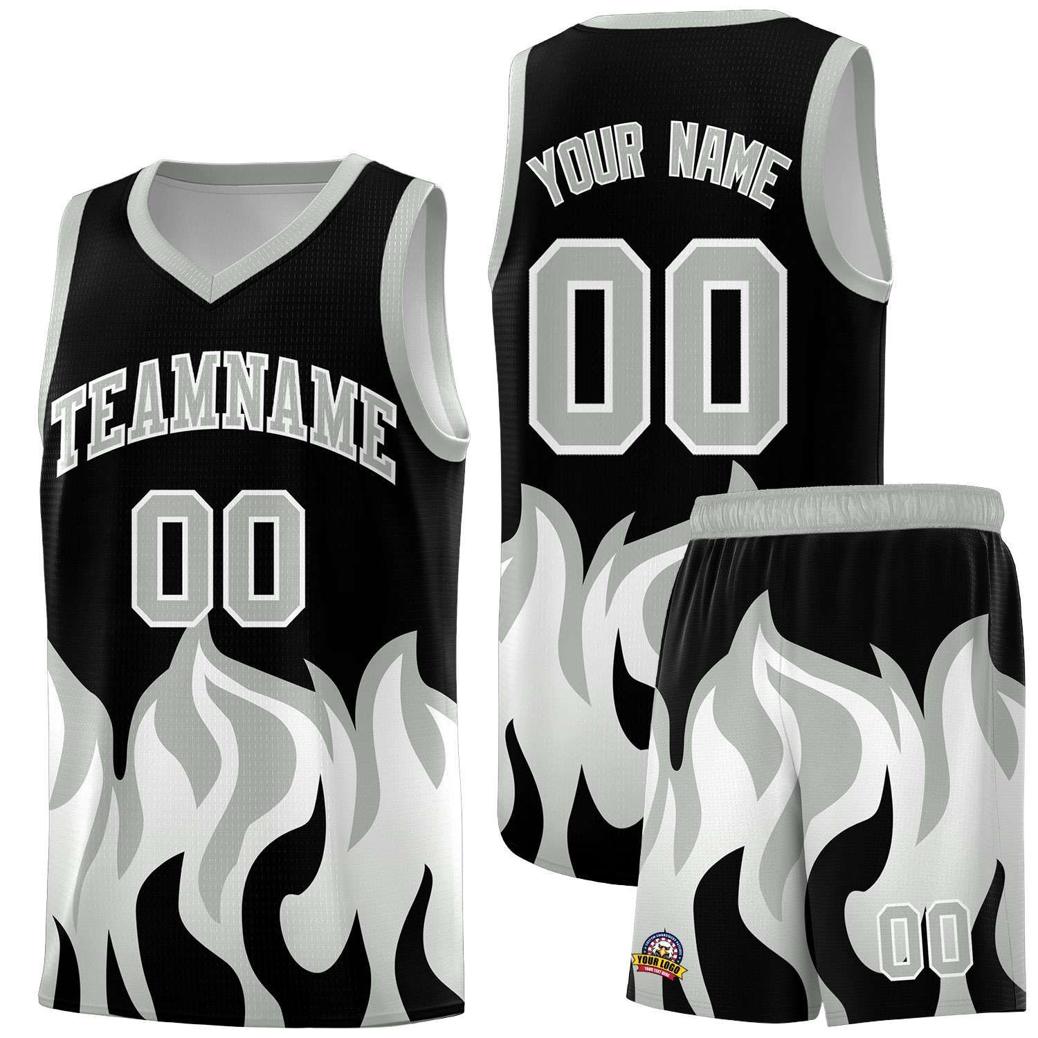 Custom Black Gray Hem Flame Pattern Fashion Sports Uniform Basketball jersey