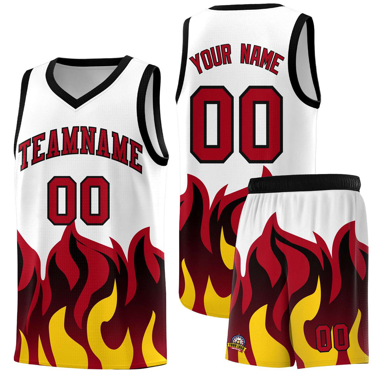 Custom White Red Hem Flame Pattern Fashion Sports Uniform Basketball jersey