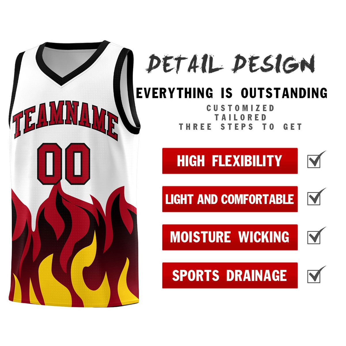 Custom White Red Hem Flame Pattern Fashion Sports Uniform Basketball jersey
