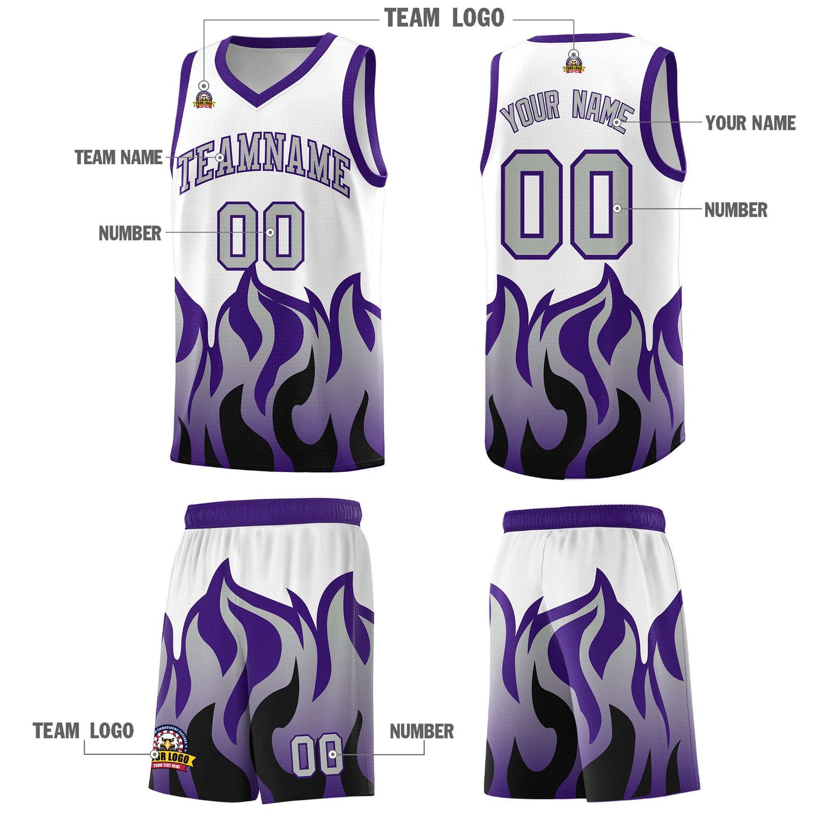 Custom White Purple Hem Flame Pattern Fashion Sports Uniform Basketball jersey
