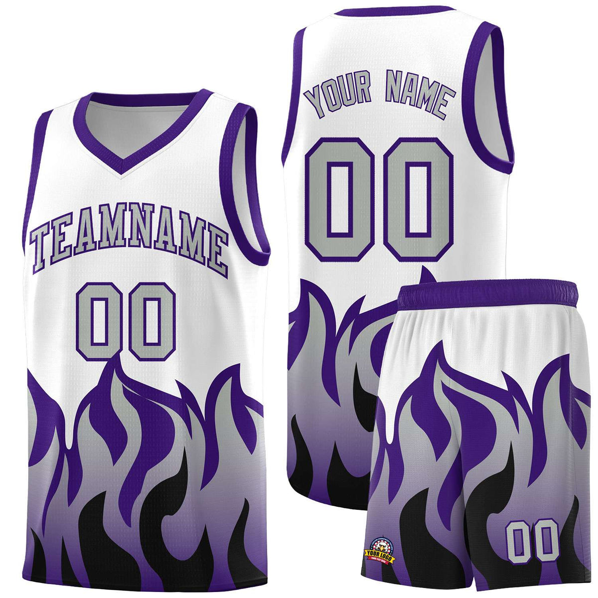 Custom White Purple Hem Flame Pattern Fashion Sports Uniform Basketball jersey