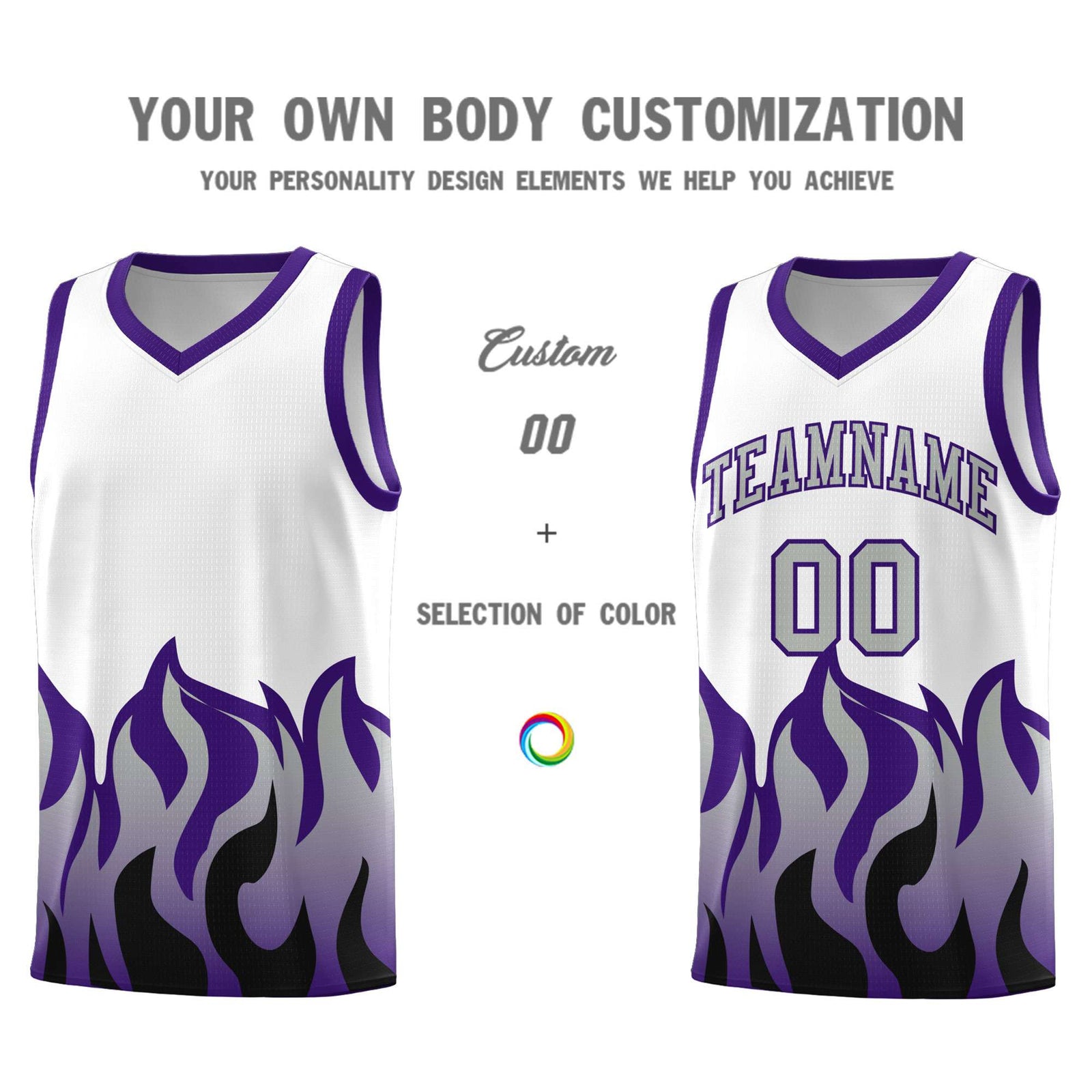 Custom White Purple Hem Flame Pattern Fashion Sports Uniform Basketball jersey