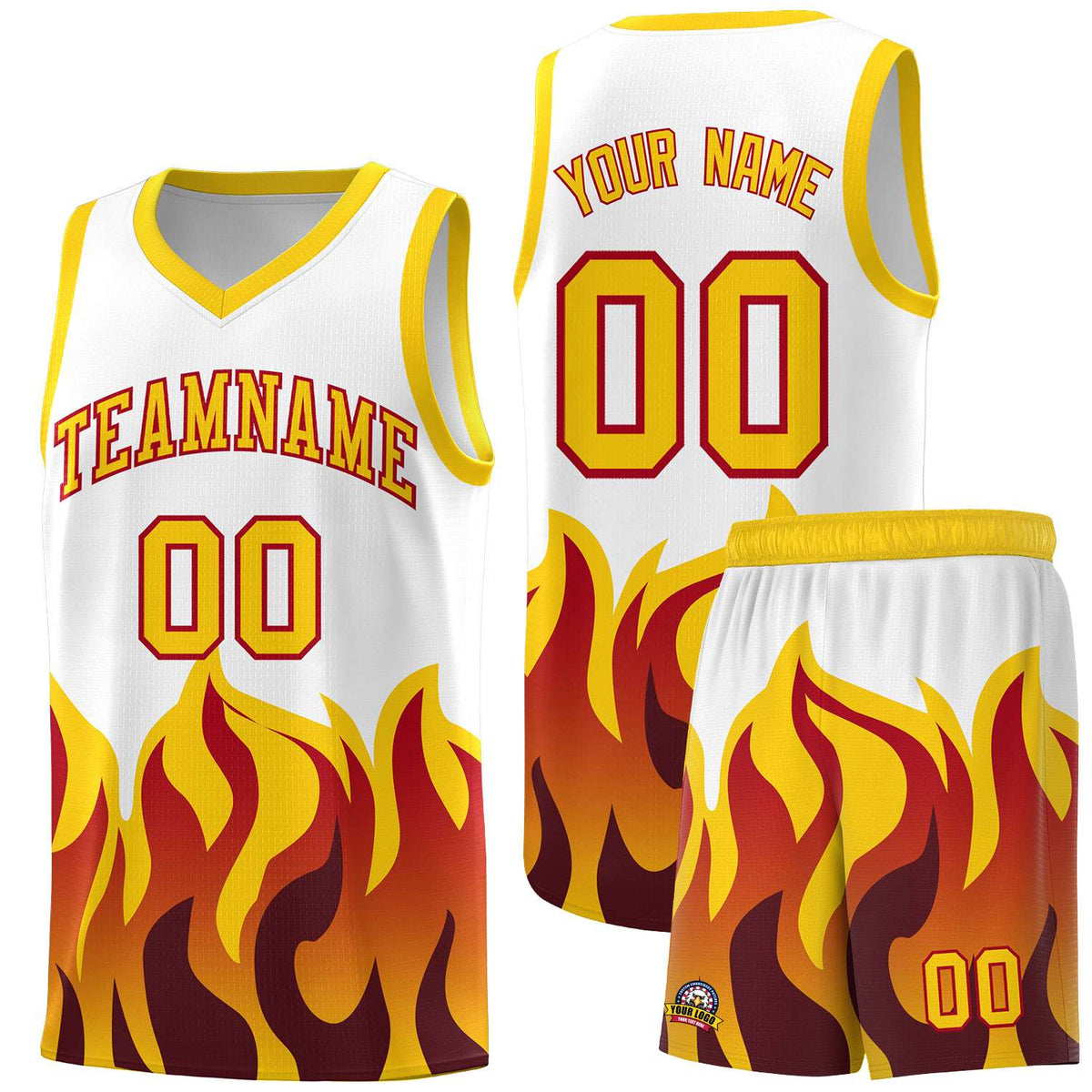 Custom White Gold Hem Flame Pattern Fashion Sports Uniform Basketball jersey