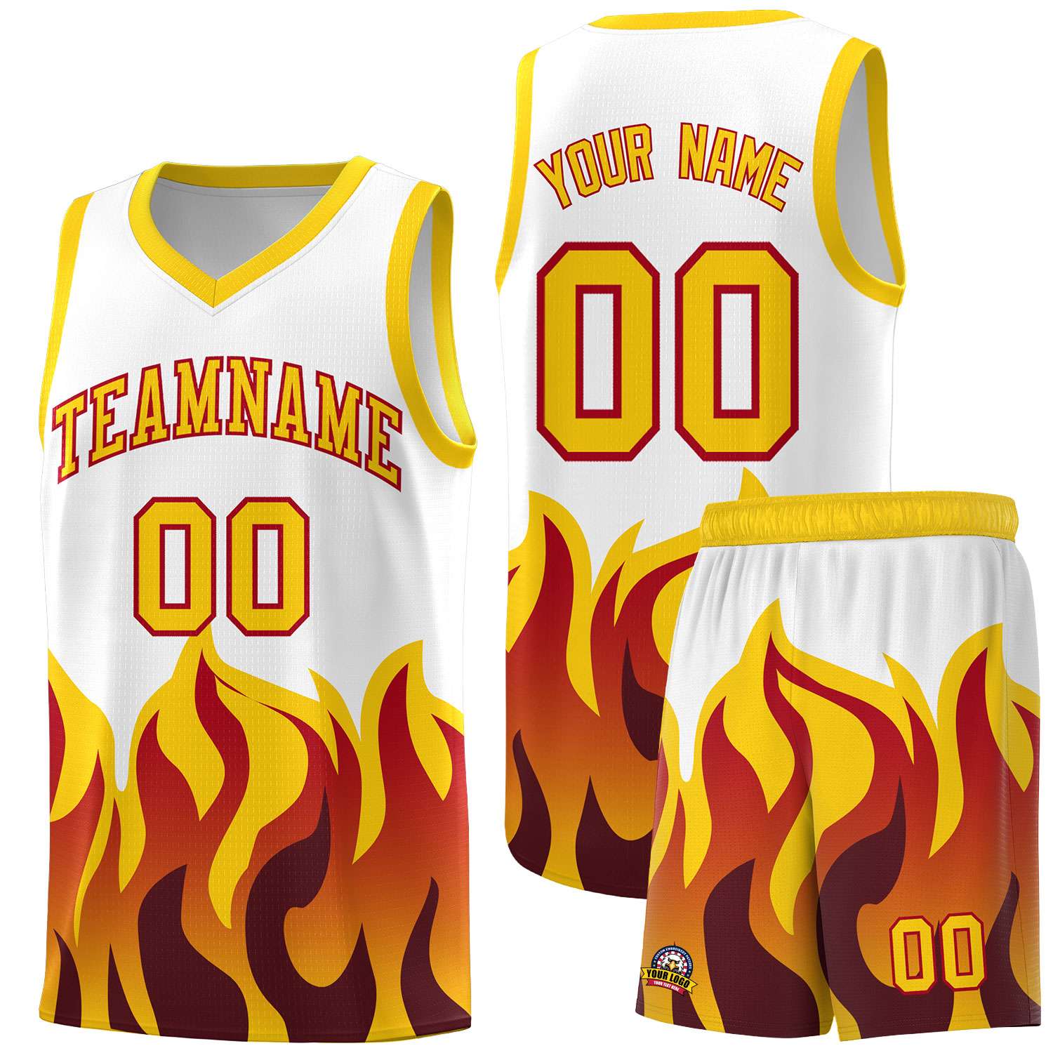 Custom White Gold Hem Flame Pattern Fashion Sports Uniform Basketball jersey