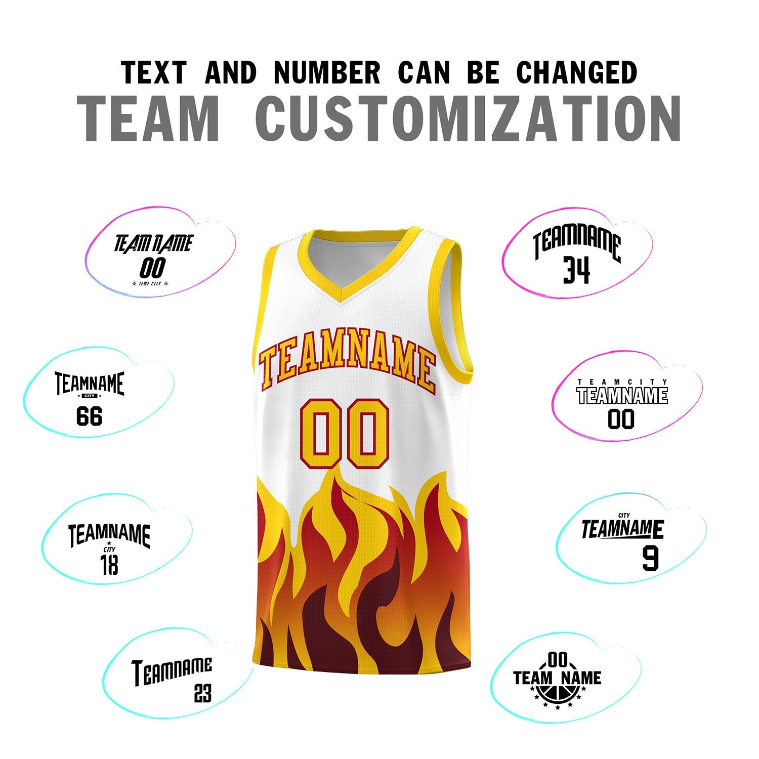 Custom White Gold Hem Flame Pattern Fashion Sports Uniform Basketball jersey