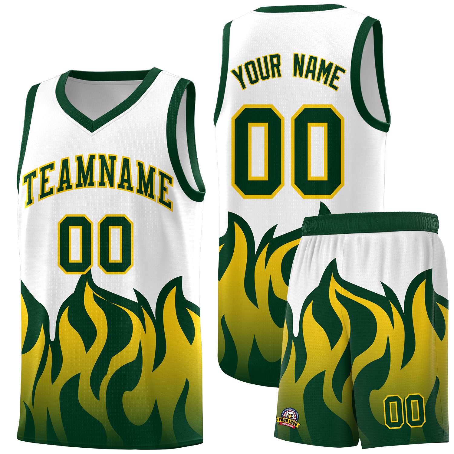 Custom White Hunter Green Hem Flame Pattern Fashion Sports Uniform Basketball jersey