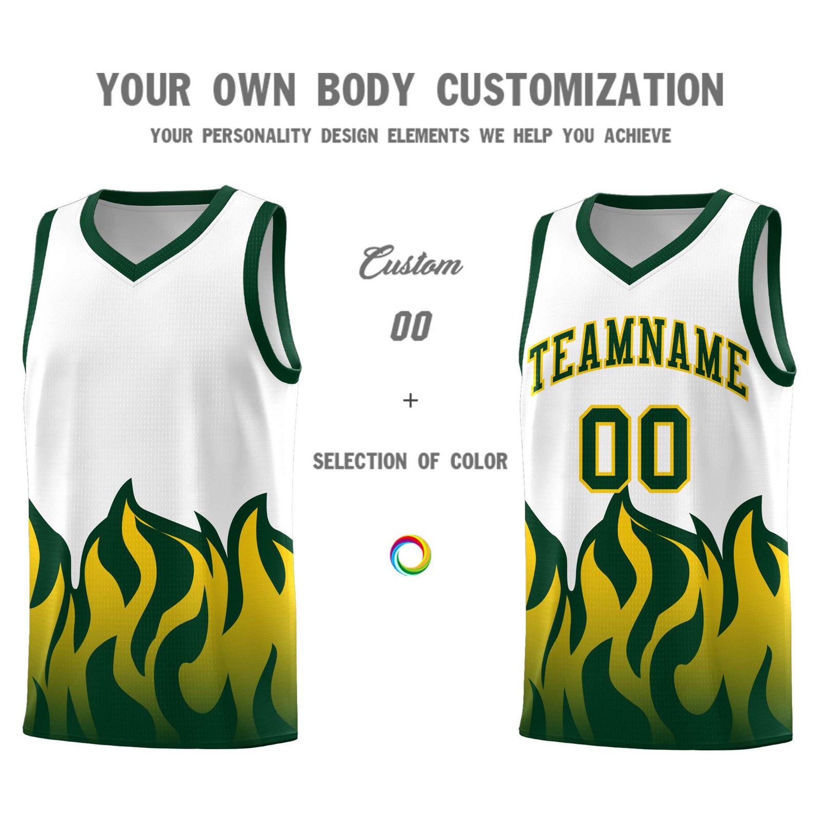 Custom White Hunter Green Hem Flame Pattern Fashion Sports Uniform Basketball jersey