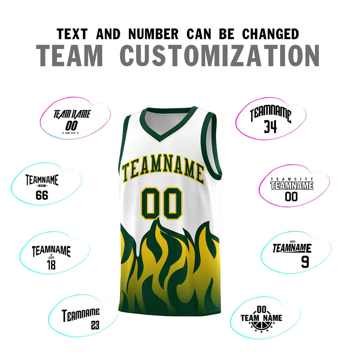 Custom White Hunter Green Hem Flame Pattern Fashion Sports Uniform Basketball jersey