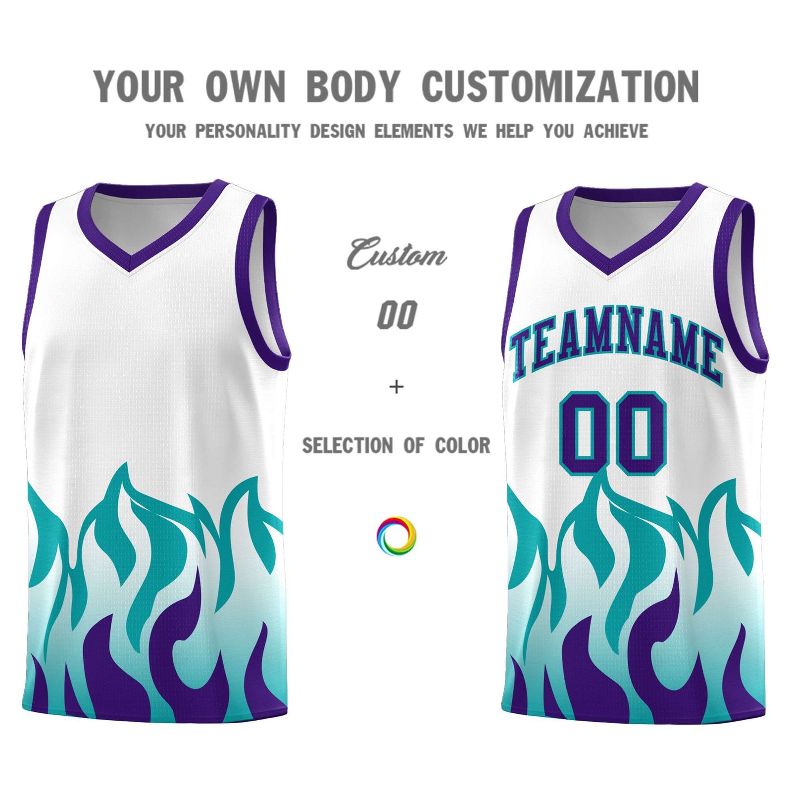 Custom White Aqua Hem Flame Pattern Fashion Sports Uniform Basketball jersey