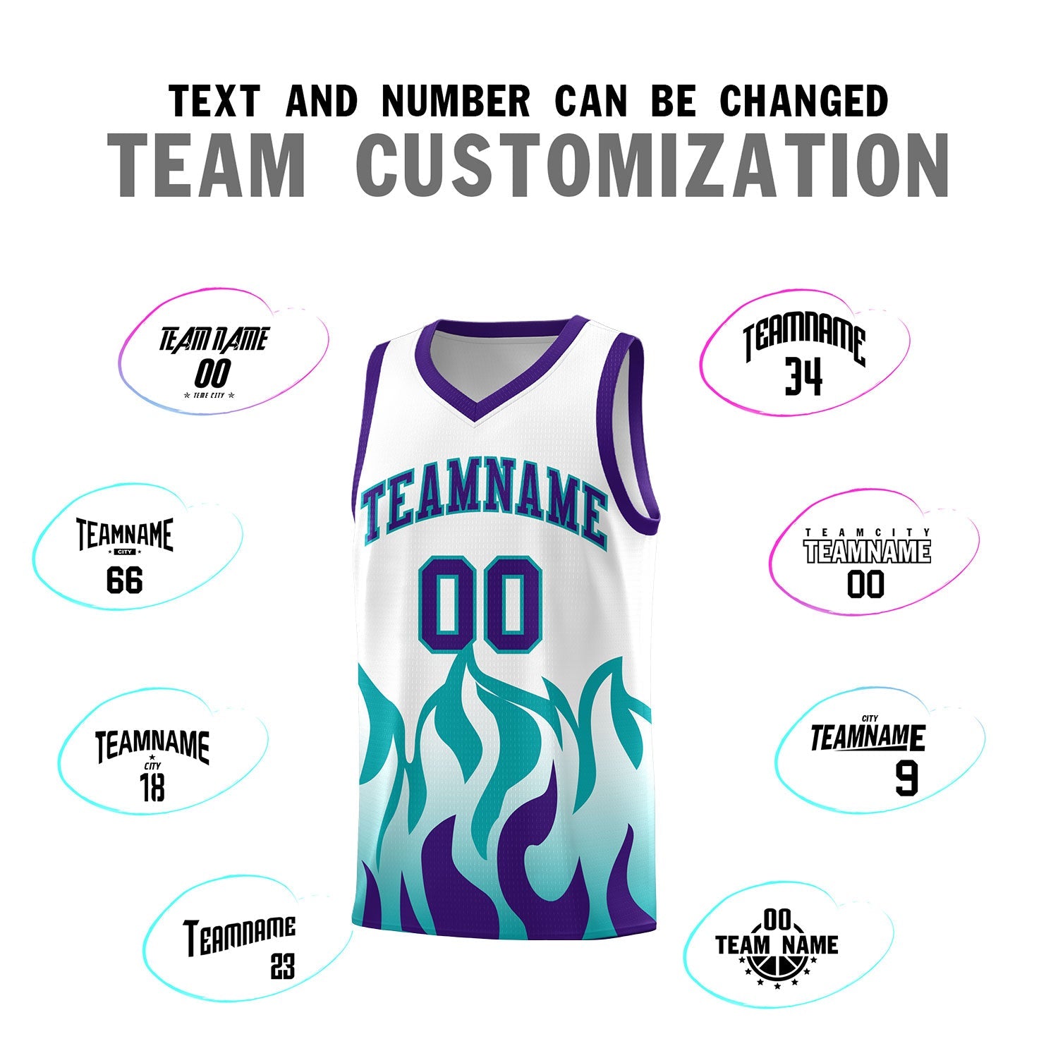 Custom White Aqua Hem Flame Pattern Fashion Sports Uniform Basketball jersey