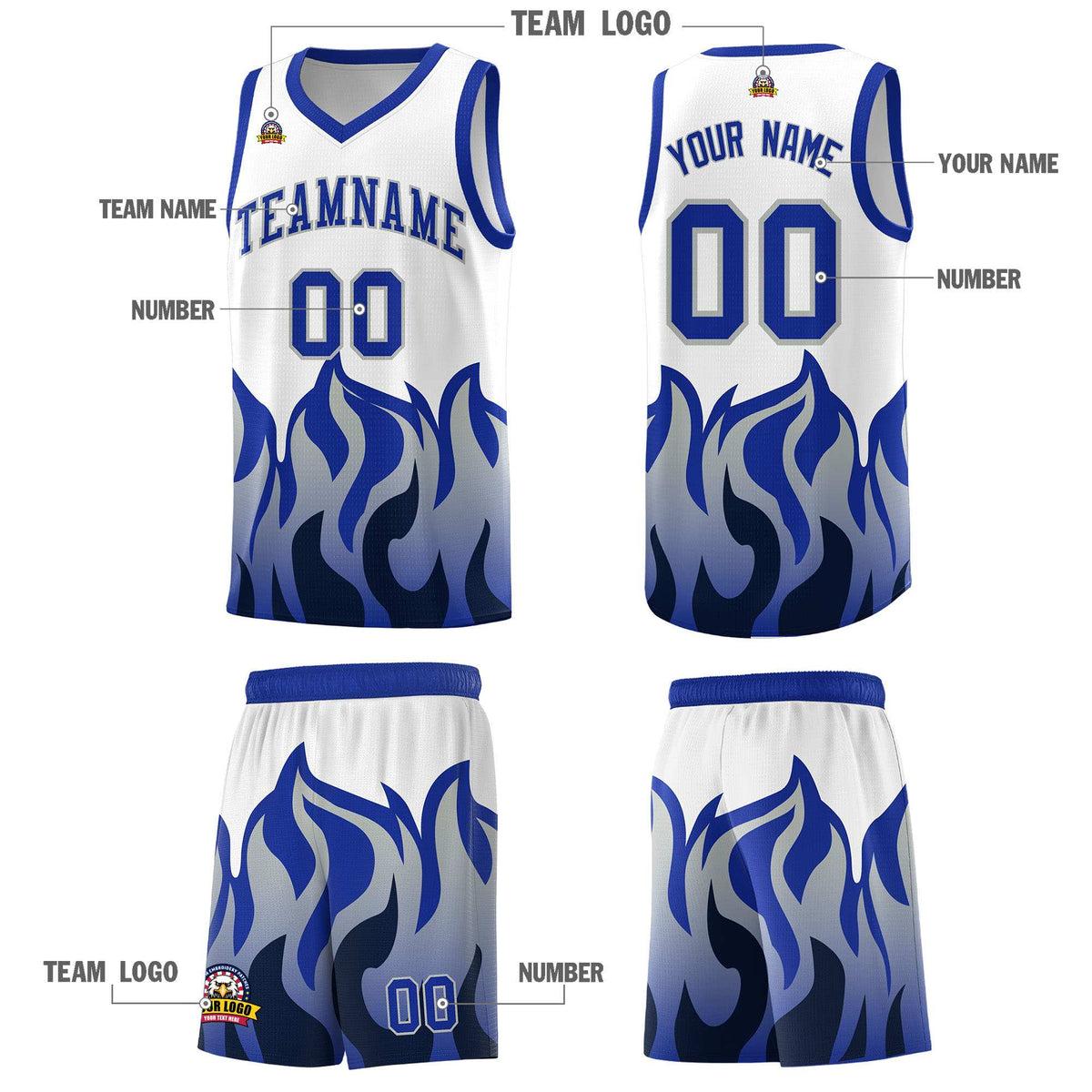 Custom White Royal Hem Flame Pattern Fashion Sports Uniform Basketball jersey