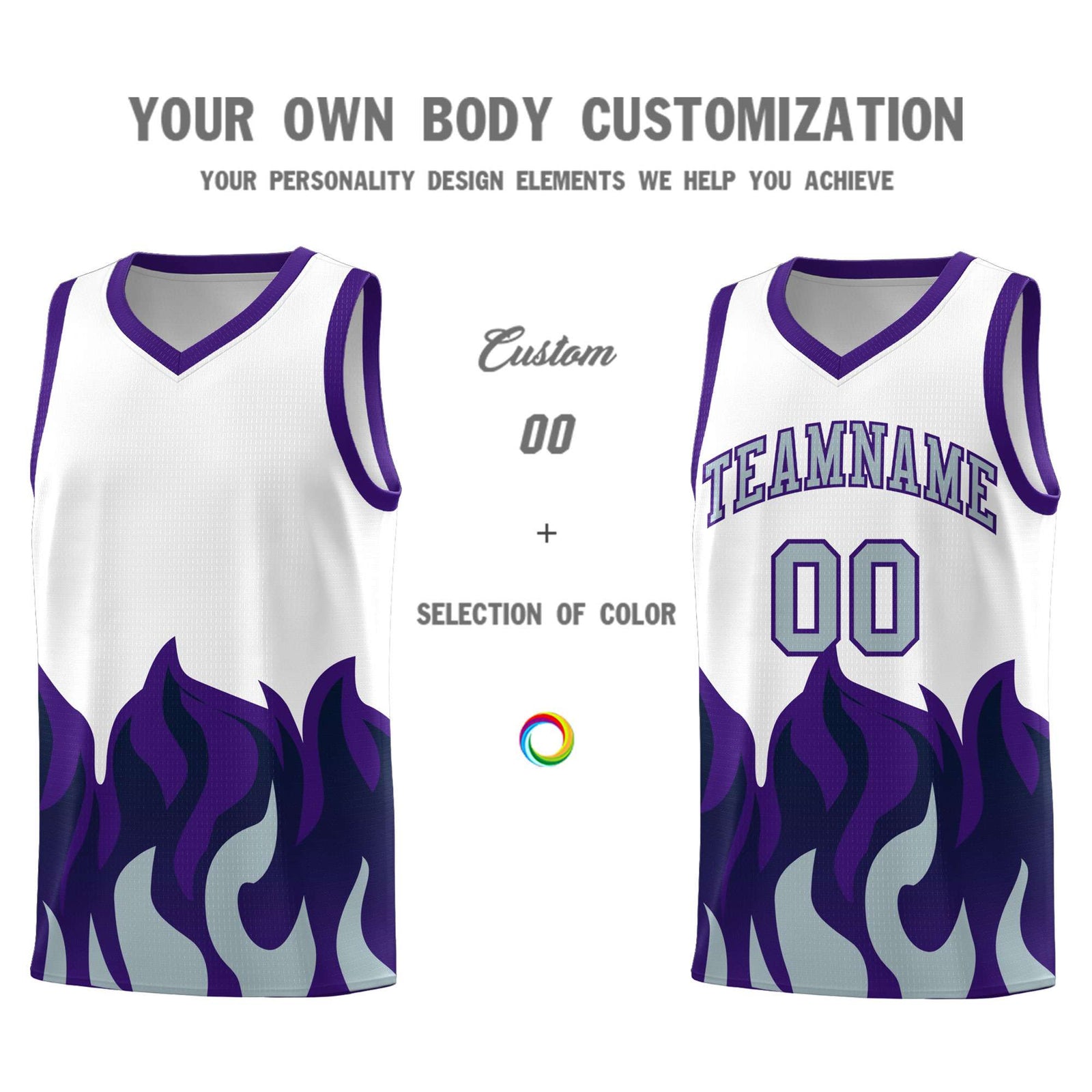 Custom White Purple Hem Flame Pattern Fashion Sports Uniform Basketball jersey