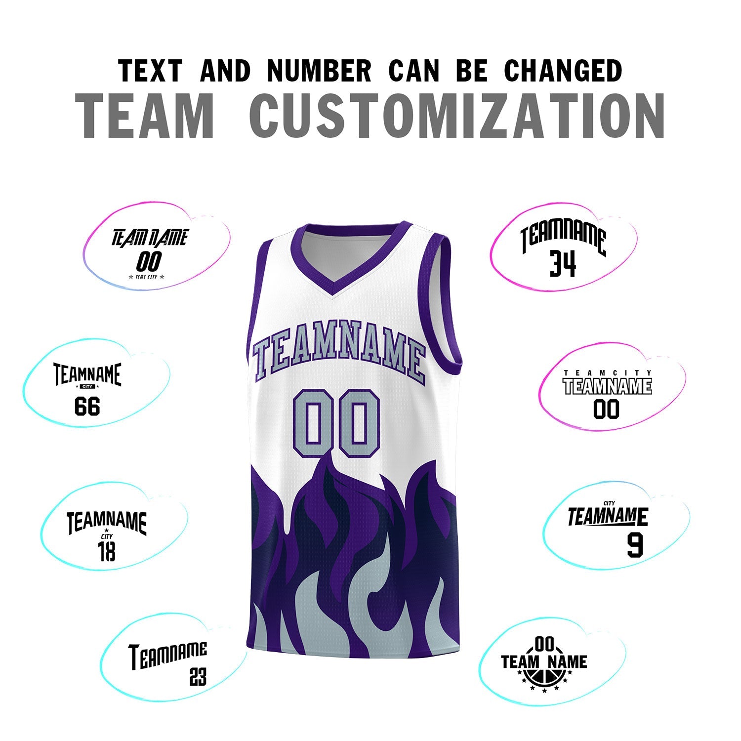 Custom White Purple Hem Flame Pattern Fashion Sports Uniform Basketball jersey