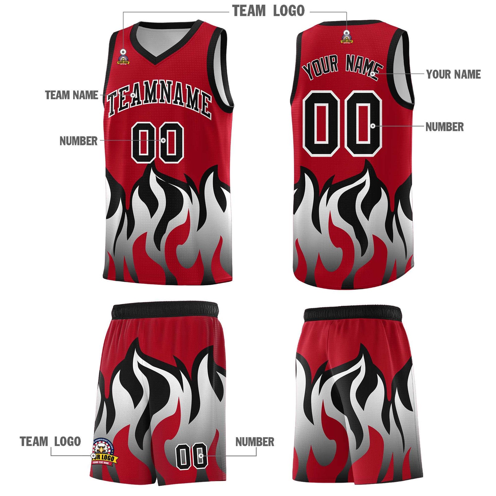 Custom Red Black Hem Flame Pattern Fashion Sports Uniform Basketball jersey