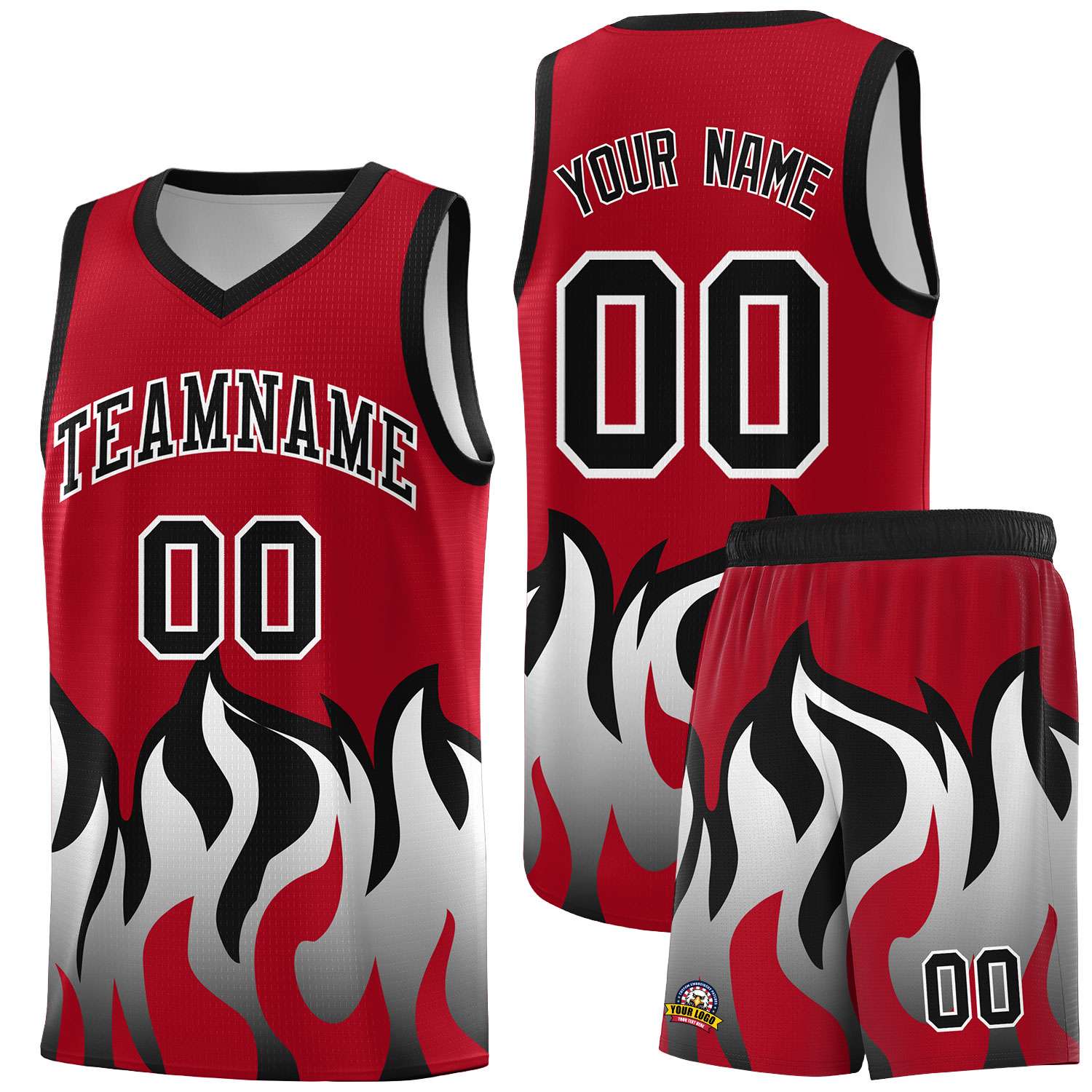 Custom Red Black Hem Flame Pattern Fashion Sports Uniform Basketball jersey