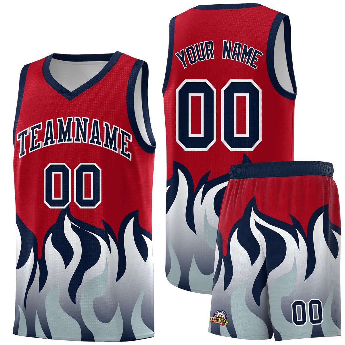 Custom Red Navy Hem Flame Pattern Fashion Sports Uniform Basketball jersey