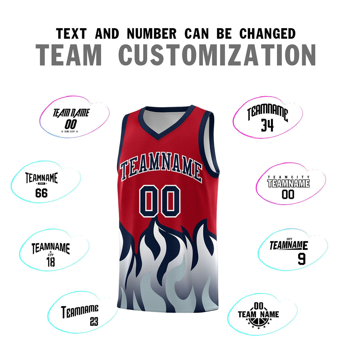 Custom Red Navy Hem Flame Pattern Fashion Sports Uniform Basketball jersey