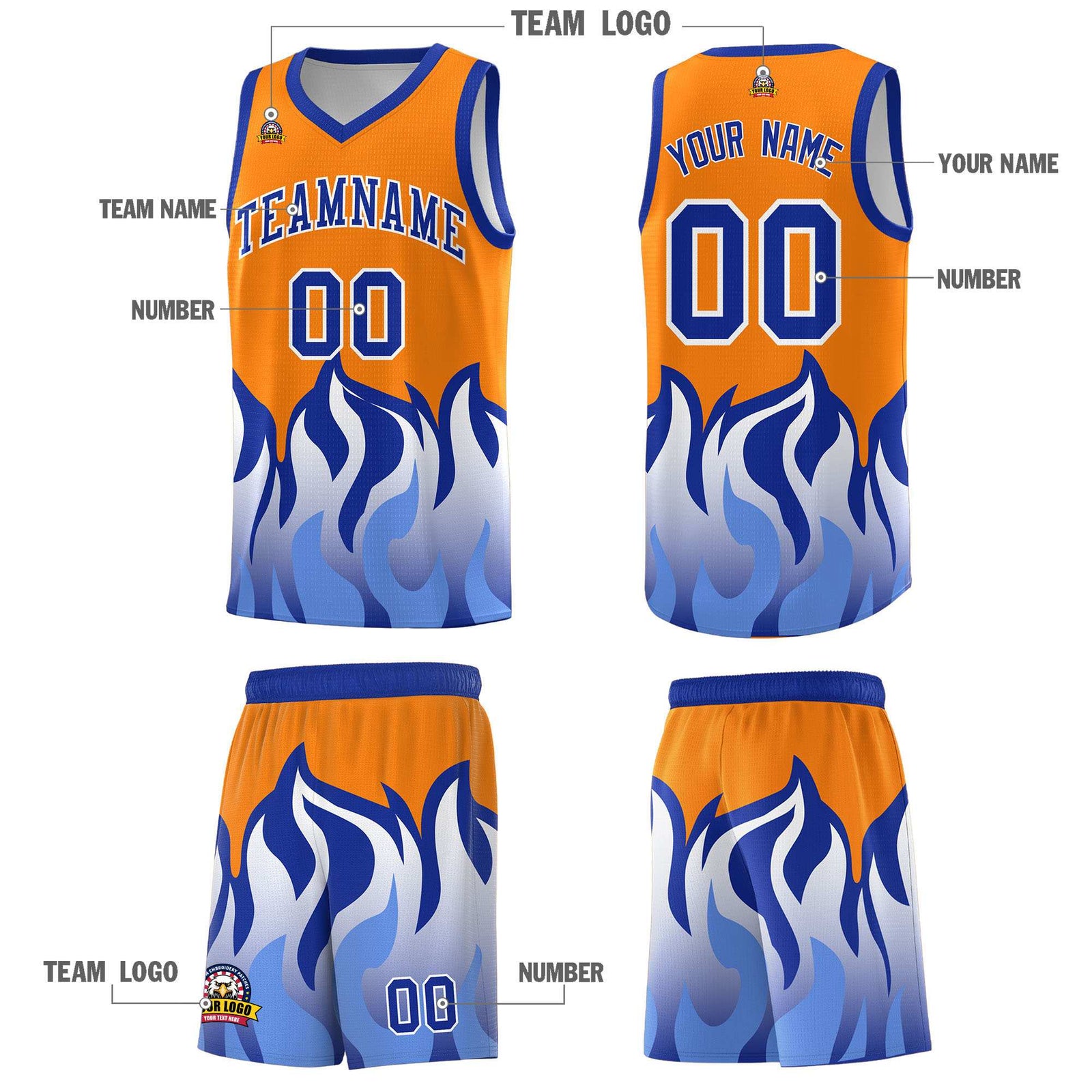 Custom Orange Royal Hem Flame Pattern Fashion Sports Uniform Basketball jersey