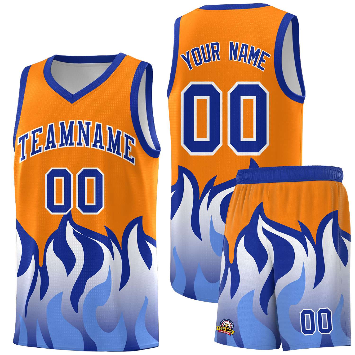 Custom Orange Royal Hem Flame Pattern Fashion Sports Uniform Basketball jersey