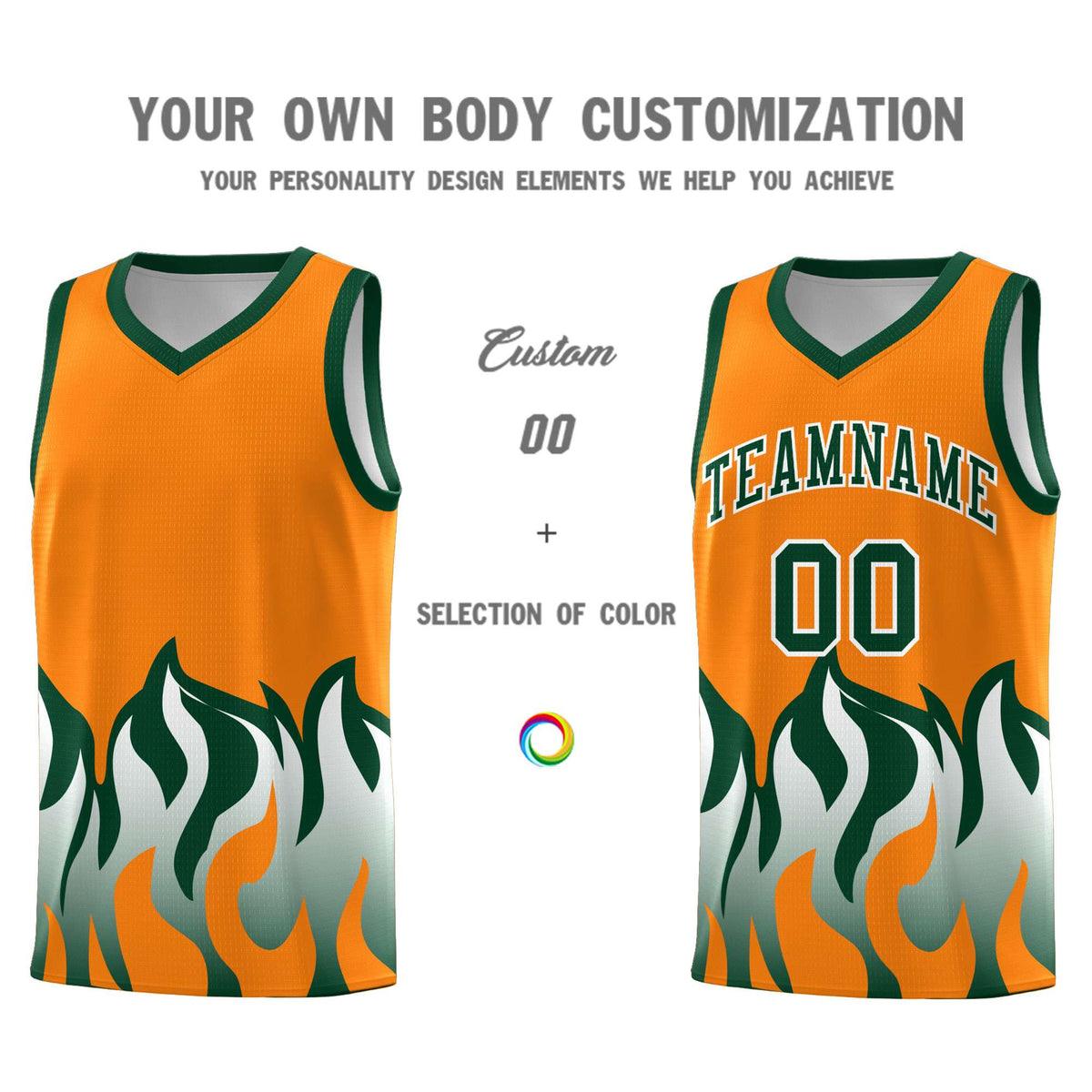 Custom Orange Hunter Green Hem Flame Pattern Fashion Sports Uniform Basketball jersey