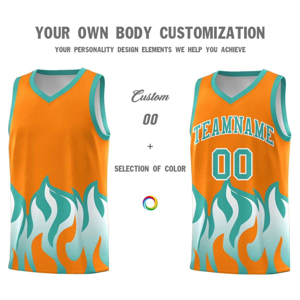 Custom Orange Bright Green Hem Flame Pattern Fashion Sports Uniform Basketball jersey