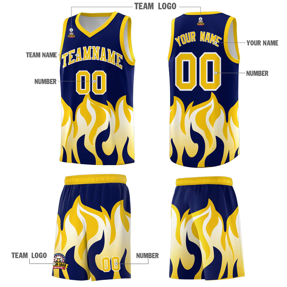 Custom Navy Gold Hem Flame Pattern Fashion Sports Uniform Basketball jersey
