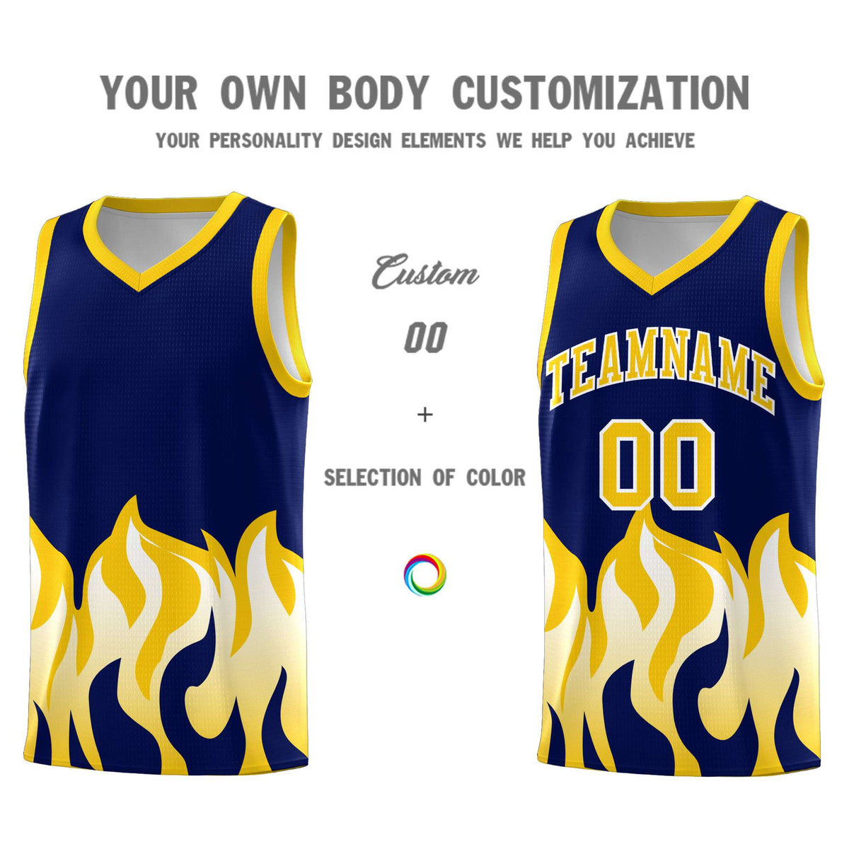 Custom Navy Gold Hem Flame Pattern Fashion Sports Uniform Basketball jersey
