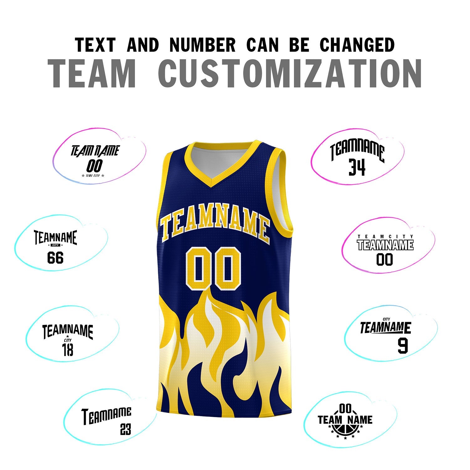 Custom Navy Gold Hem Flame Pattern Fashion Sports Uniform Basketball jersey