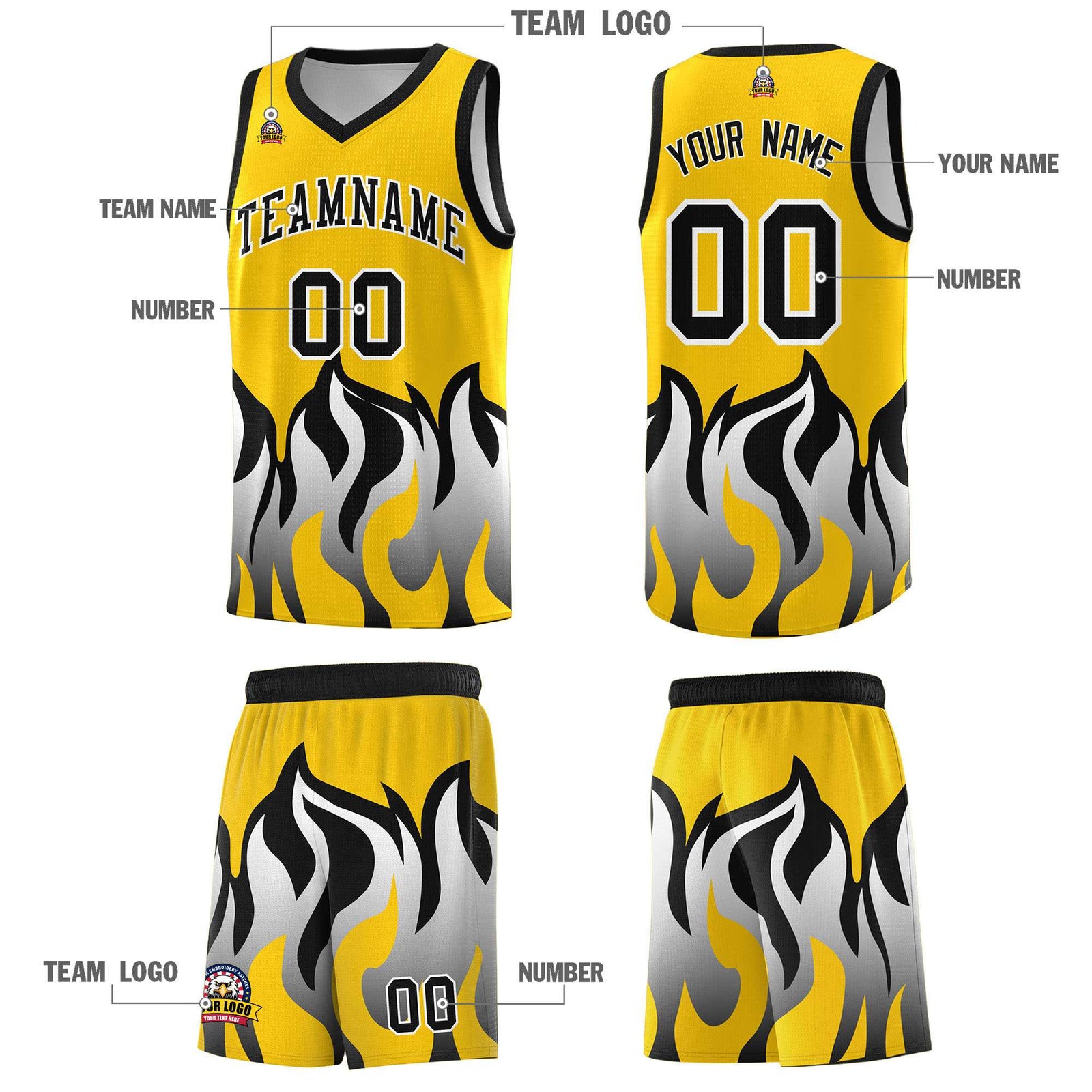 Custom Gold Black Hem Flame Pattern Fashion Sports Uniform Basketball jersey
