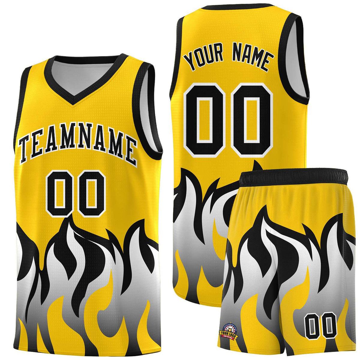Custom Gold Black Hem Flame Pattern Fashion Sports Uniform Basketball jersey