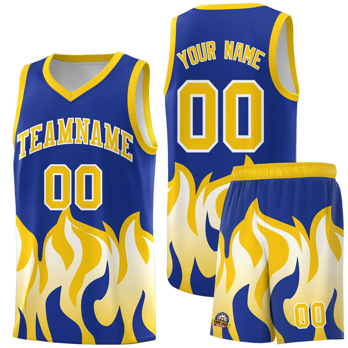 Custom Royal Gold Hem Flame Pattern Fashion Sports Uniform Basketball jersey
