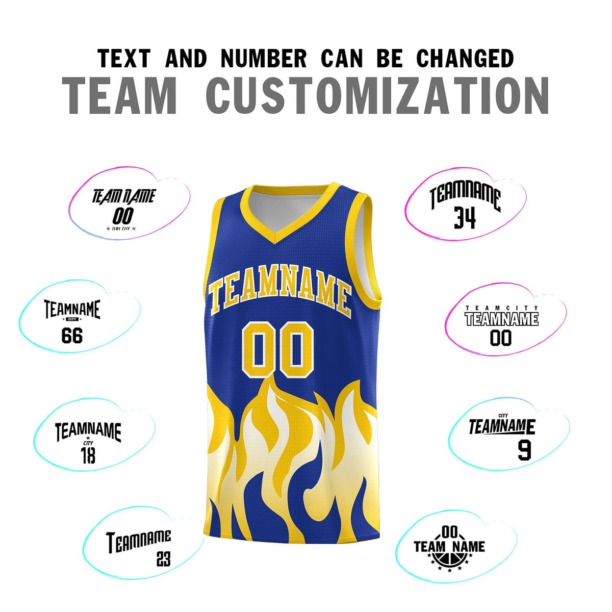 Custom Royal Gold Hem Flame Pattern Fashion Sports Uniform Basketball jersey